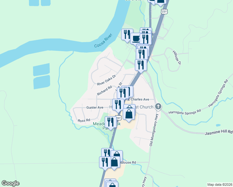 map of restaurants, bars, coffee shops, grocery stores, and more near 5380 U.S. 231 in Wetumpka