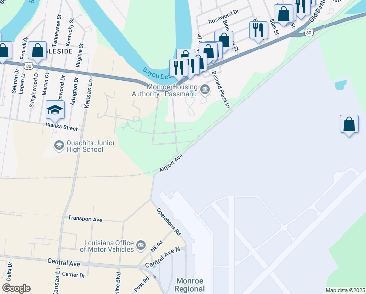 map of restaurants, bars, coffee shops, grocery stores, and more near 5231-5257 Airport Avenue in Monroe