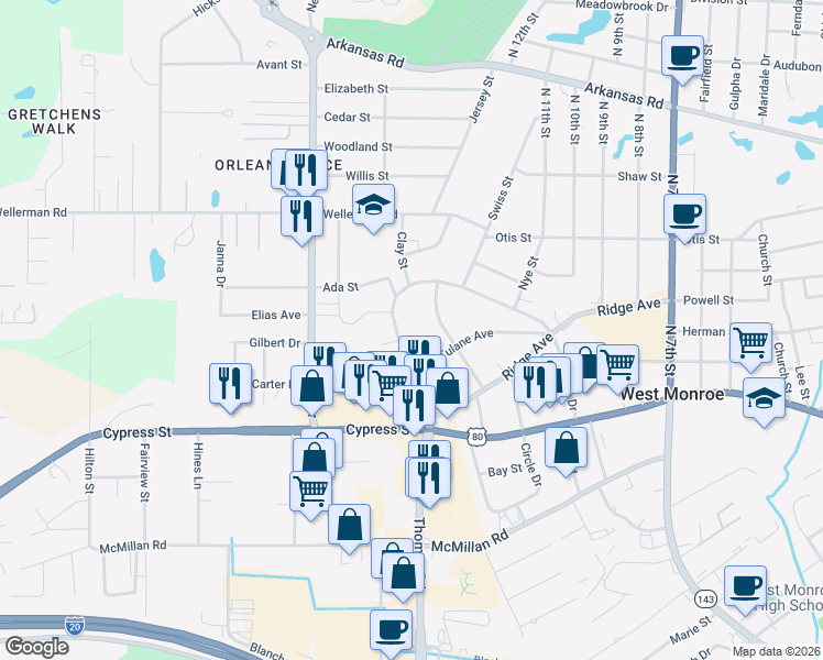 map of restaurants, bars, coffee shops, grocery stores, and more near 700 Splane Drive in West Monroe