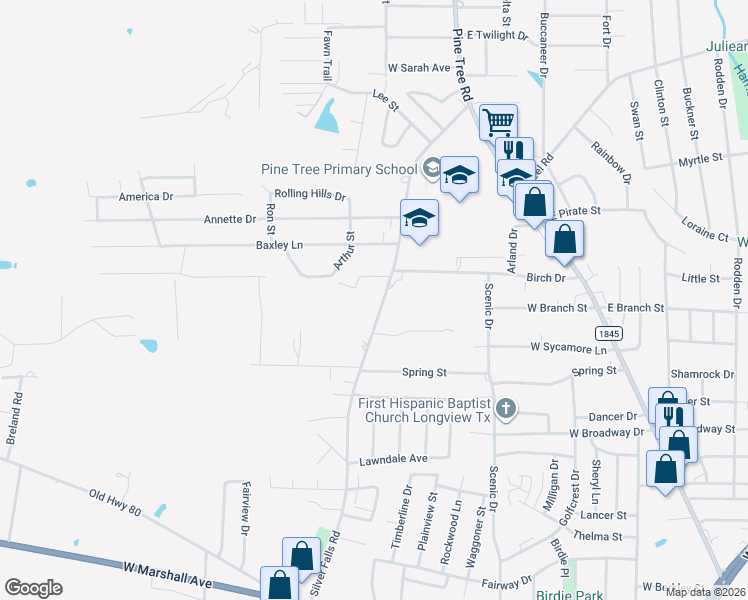 map of restaurants, bars, coffee shops, grocery stores, and more near 1314 Silver Falls Road in Longview