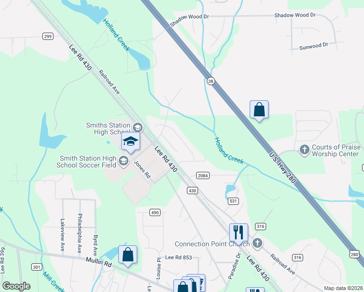 map of restaurants, bars, coffee shops, grocery stores, and more near 1182 Lee Road 243 in Smiths Station