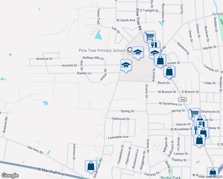 map of restaurants, bars, coffee shops, grocery stores, and more near 1314 Silver Falls Road in Longview