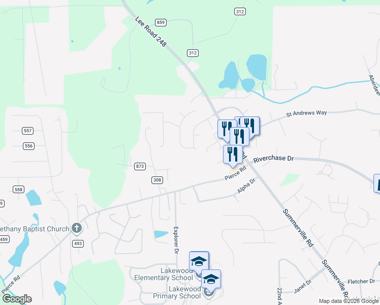 map of restaurants, bars, coffee shops, grocery stores, and more near 2133 Pierce Road in Phenix City