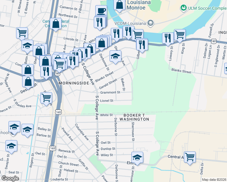 map of restaurants, bars, coffee shops, grocery stores, and more near 601-699 Darbonne St in Monroe