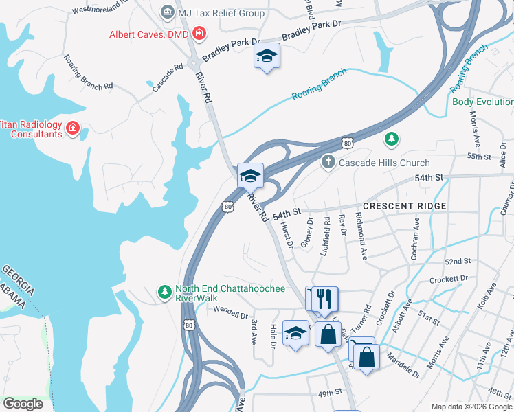 map of restaurants, bars, coffee shops, grocery stores, and more near 5529 River Road in Columbus