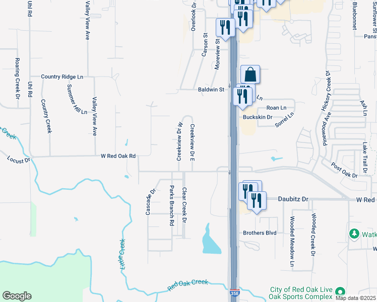 map of restaurants, bars, coffee shops, grocery stores, and more near 106 Creekview Drive West in Red Oak
