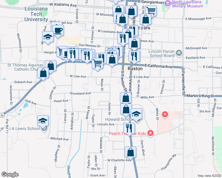 map of restaurants, bars, coffee shops, grocery stores, and more near 929-1031 Jones Street in Ruston