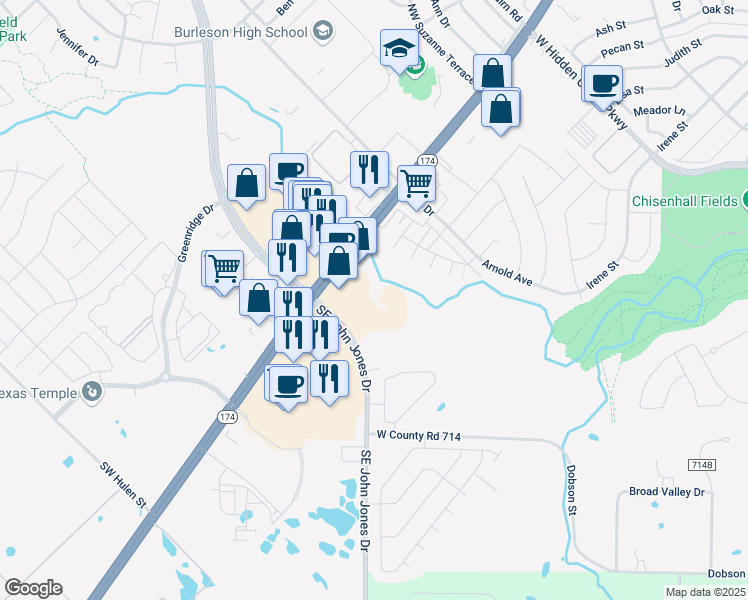 map of restaurants, bars, coffee shops, grocery stores, and more near 265 Southeast John Jones Drive in Burleson