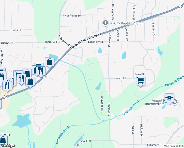 map of restaurants, bars, coffee shops, grocery stores, and more near 4631 Ward Road in Elmore