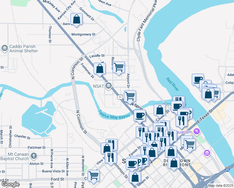 map of restaurants, bars, coffee shops, grocery stores, and more near 175 North Market Street in Shreveport