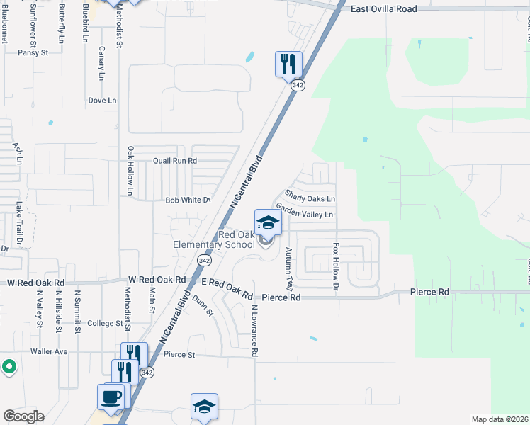 map of restaurants, bars, coffee shops, grocery stores, and more near 213 Shadow Bend in Red Oak