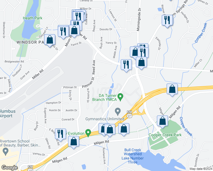 map of restaurants, bars, coffee shops, grocery stores, and more near 5577 Terrace Pointe Court in Columbus