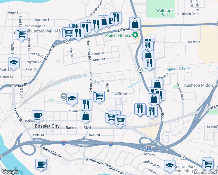 map of restaurants, bars, coffee shops, grocery stores, and more near 502 Hall Street in Bossier City