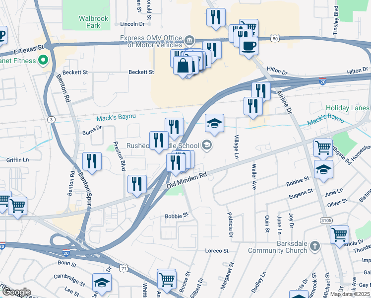 map of restaurants, bars, coffee shops, grocery stores, and more near Interstate 20 in Bossier City