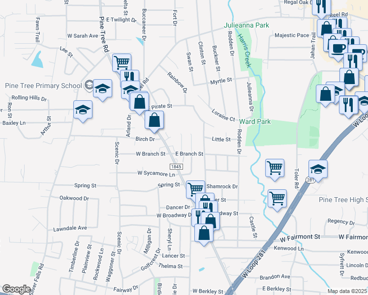 map of restaurants, bars, coffee shops, grocery stores, and more near 207 East Sycamore Lane in Longview
