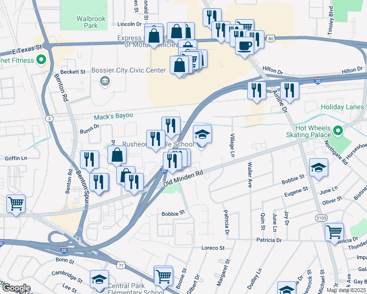 map of restaurants, bars, coffee shops, grocery stores, and more near 2275 Old Minden Road in Bossier City