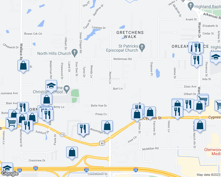 map of restaurants, bars, coffee shops, grocery stores, and more near 100 Burt Lane in West Monroe