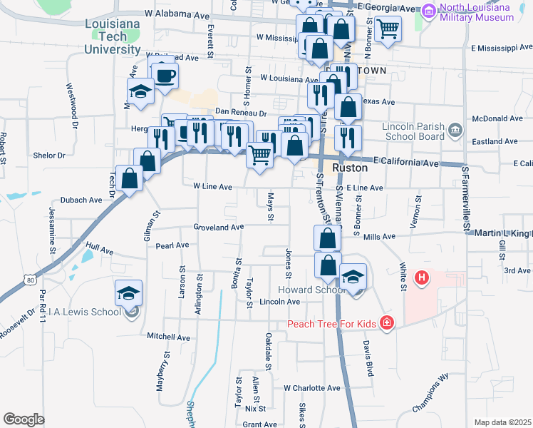 map of restaurants, bars, coffee shops, grocery stores, and more near 706 Mays Street in Ruston