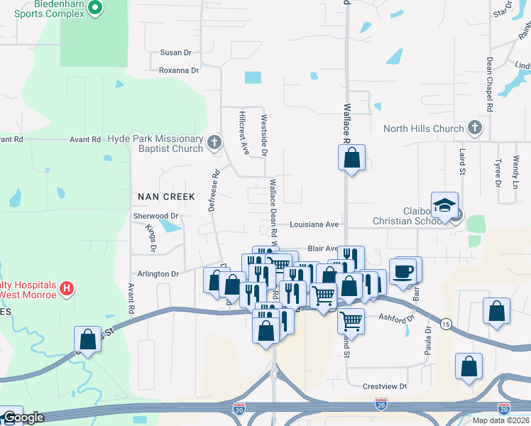 map of restaurants, bars, coffee shops, grocery stores, and more near 433 Wallace Dean Road in West Monroe