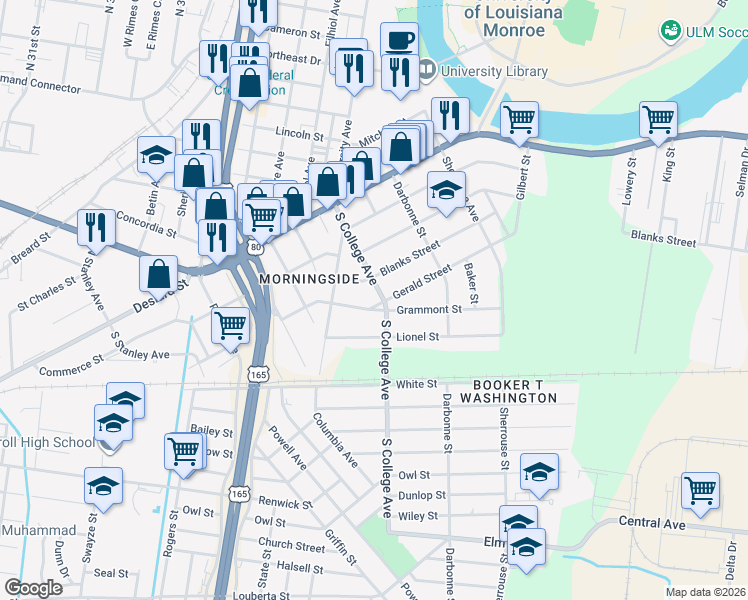 map of restaurants, bars, coffee shops, grocery stores, and more near 3800 Blanks St in Monroe