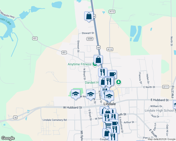 map of restaurants, bars, coffee shops, grocery stores, and more near 700 North College Street in Lindale