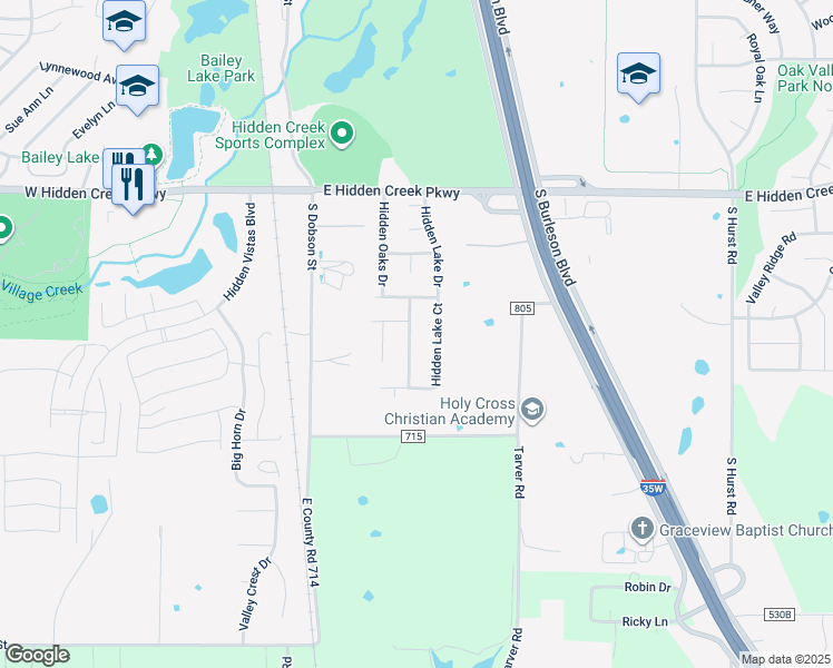 map of restaurants, bars, coffee shops, grocery stores, and more near 1109 Hidden Meadow Drive in Burleson