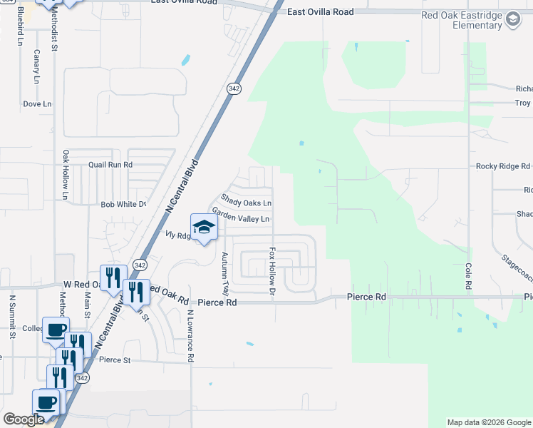 map of restaurants, bars, coffee shops, grocery stores, and more near 225 Shady Oaks Lane in Red Oak