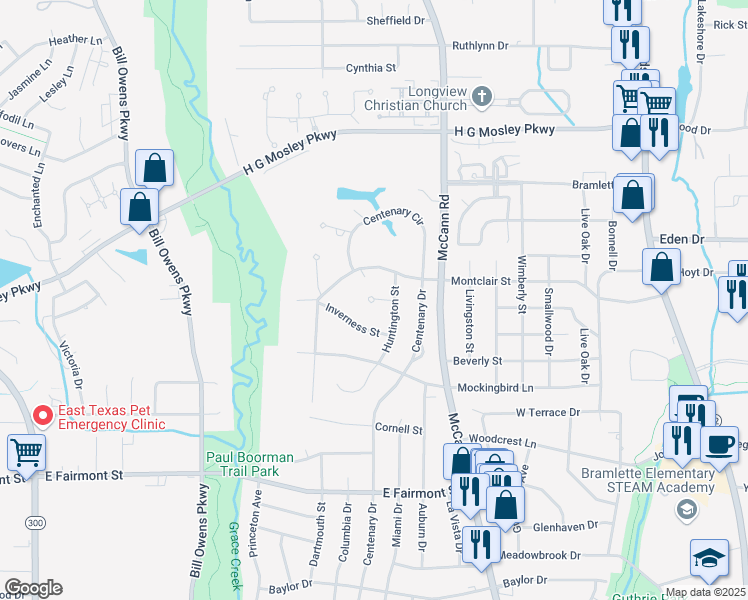 map of restaurants, bars, coffee shops, grocery stores, and more near 99 Huntington Circle in Longview