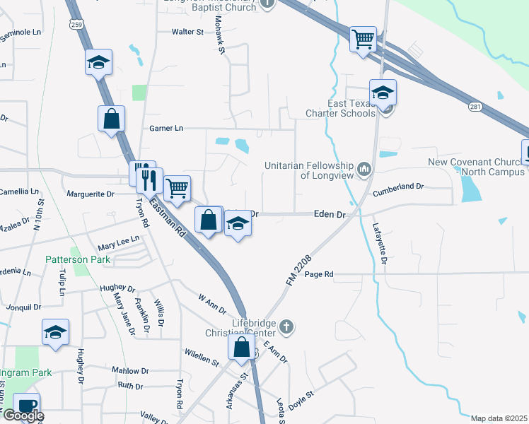 map of restaurants, bars, coffee shops, grocery stores, and more near 1606 Stanley Drive in Longview