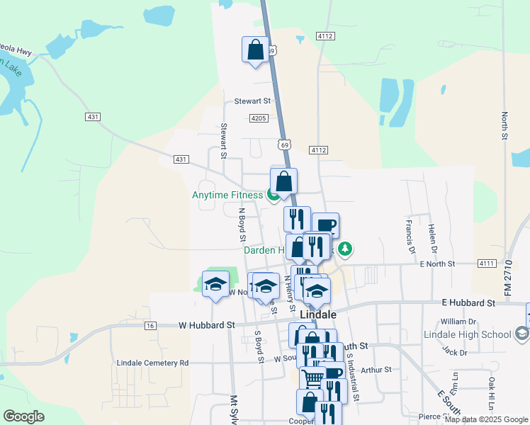 map of restaurants, bars, coffee shops, grocery stores, and more near 618 North Main Street in Lindale