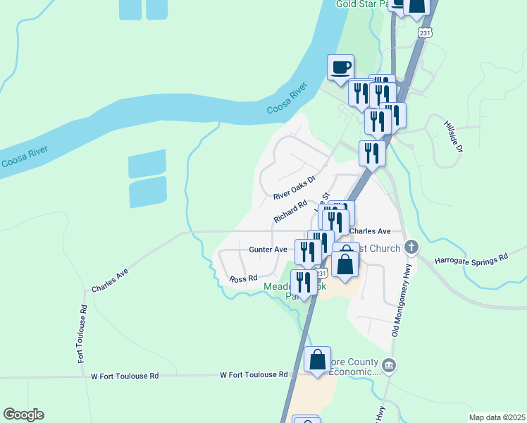 map of restaurants, bars, coffee shops, grocery stores, and more near 904 Oak Crest Court in Wetumpka