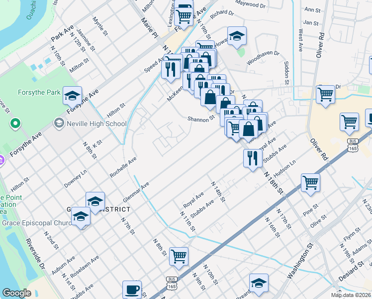 map of restaurants, bars, coffee shops, grocery stores, and more near 1466 Erin Street in Monroe