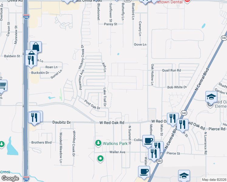 map of restaurants, bars, coffee shops, grocery stores, and more near 104 Laurel Oak Drive in Red Oak
