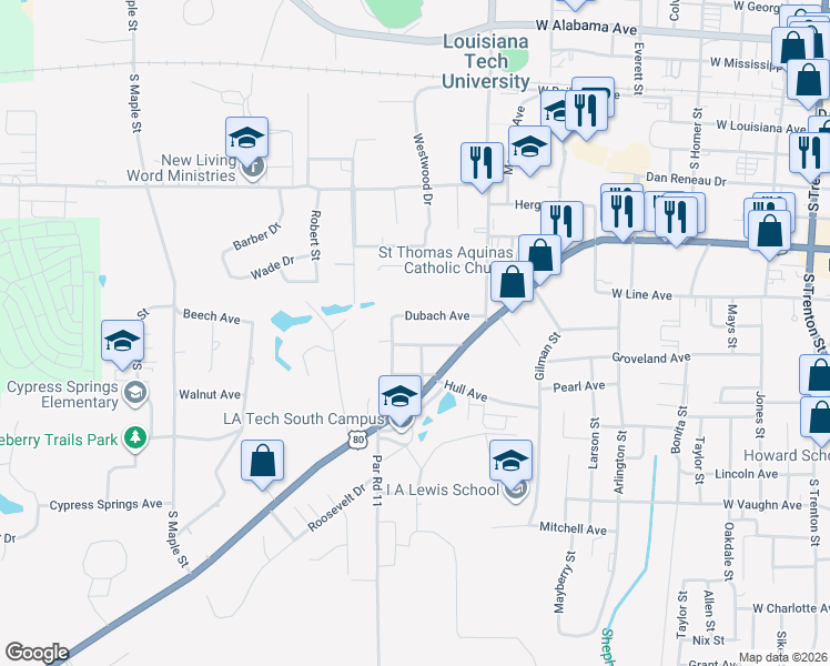 map of restaurants, bars, coffee shops, grocery stores, and more near 1301 Dubach Avenue in Ruston