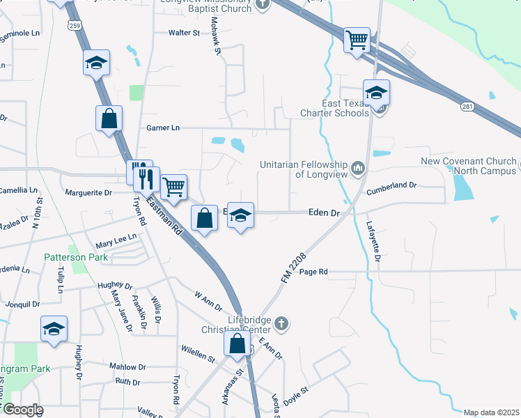map of restaurants, bars, coffee shops, grocery stores, and more near 1606 Stanley Drive in Longview