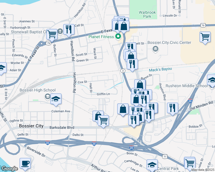 map of restaurants, bars, coffee shops, grocery stores, and more near 1518 Cox Street in Bossier City