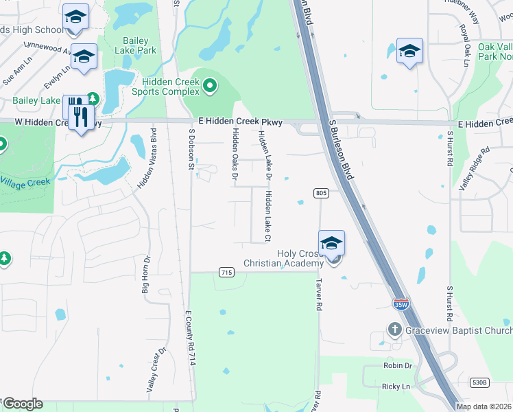 map of restaurants, bars, coffee shops, grocery stores, and more near 1044 Hidden Lake Drive in Burleson