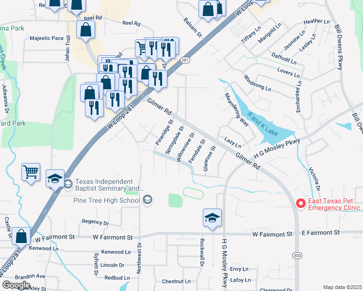 map of restaurants, bars, coffee shops, grocery stores, and more near 1608 Springdale Street in Longview