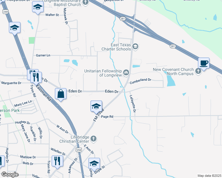 map of restaurants, bars, coffee shops, grocery stores, and more near 1817 Eden Drive in Longview