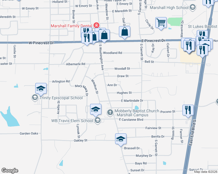 map of restaurants, bars, coffee shops, grocery stores, and more near 101 Ann Drive in Marshall