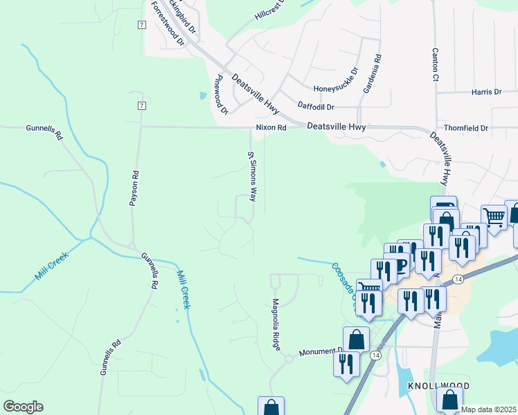 map of restaurants, bars, coffee shops, grocery stores, and more near 269 Saint Simons Way in Deatsville