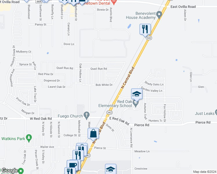 map of restaurants, bars, coffee shops, grocery stores, and more near 226 Bob White Drive in Red Oak