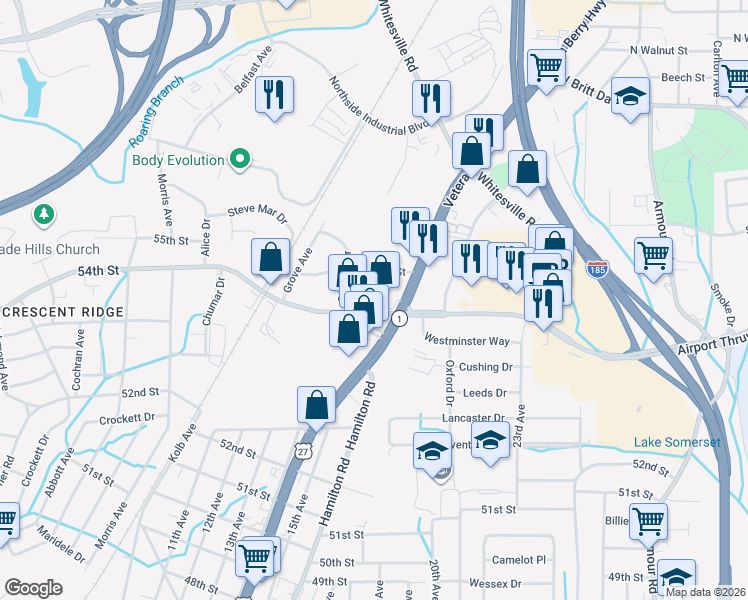 map of restaurants, bars, coffee shops, grocery stores, and more near 5408 15th Avenue in Columbus