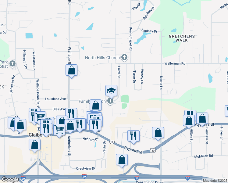 map of restaurants, bars, coffee shops, grocery stores, and more near 126 Pinewood Drive in West Monroe