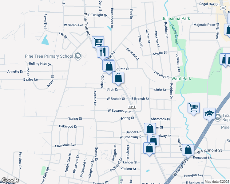 map of restaurants, bars, coffee shops, grocery stores, and more near 114 Birch Drive in Longview