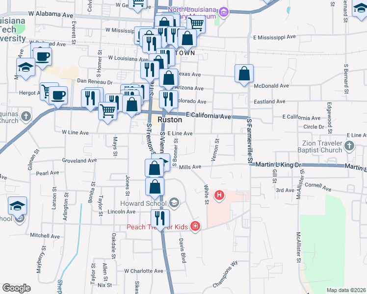 map of restaurants, bars, coffee shops, grocery stores, and more near 720 Jody Court in Ruston