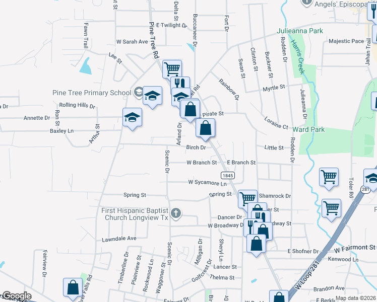 map of restaurants, bars, coffee shops, grocery stores, and more near 414 Birch Drive in Longview