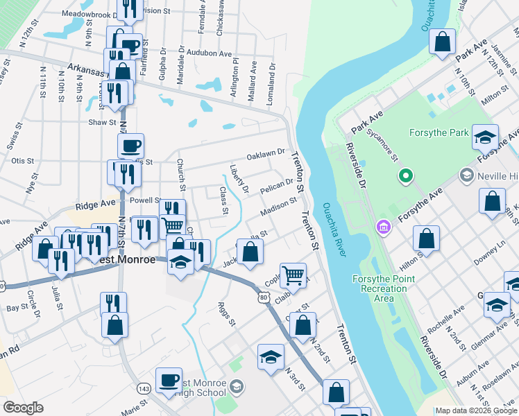 map of restaurants, bars, coffee shops, grocery stores, and more near 215-399 Laurel Street in West Monroe