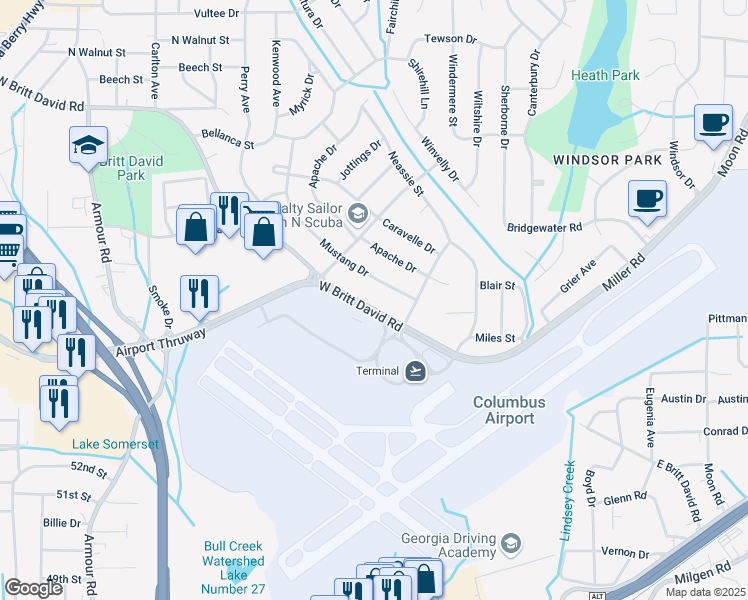 map of restaurants, bars, coffee shops, grocery stores, and more near 3207 West Britt David Road in Columbus
