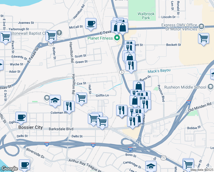 map of restaurants, bars, coffee shops, grocery stores, and more near 1518 Cox Street in Bossier City